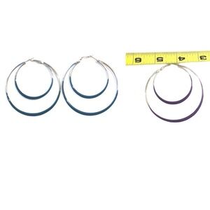 2 Pairs Large Double Hoop Earrings in Purple & Silver and Teal & Silver Pierced